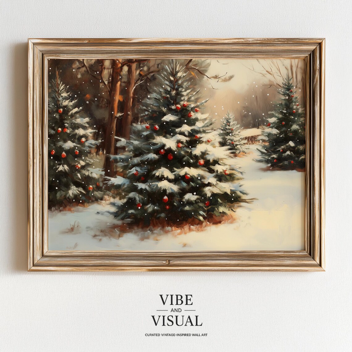 Snowy Winter Evergreen Trees Red Berries Painting Art Poster