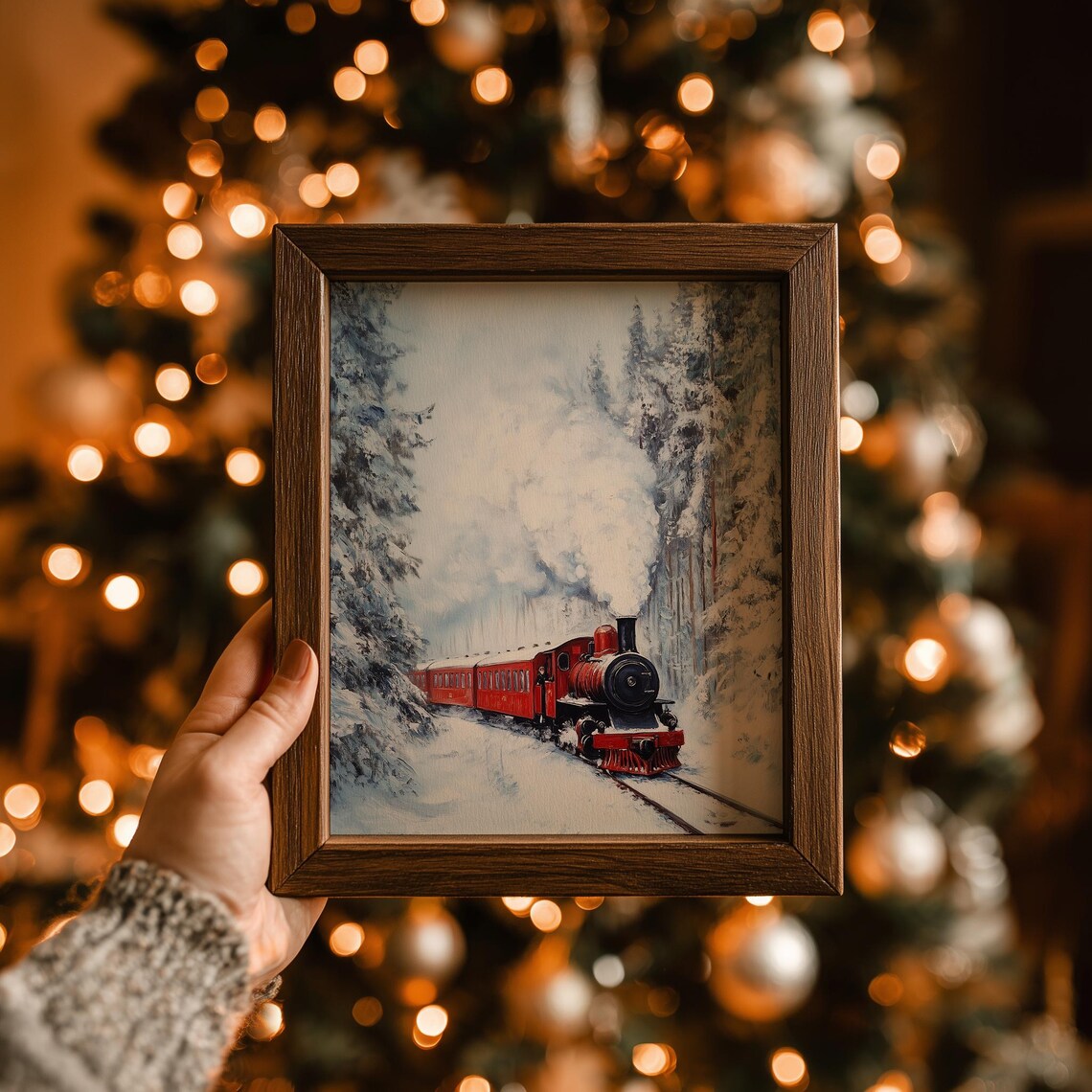 Red Steam Train Snowy Forest Vintage Holiday Express Train Art Poster