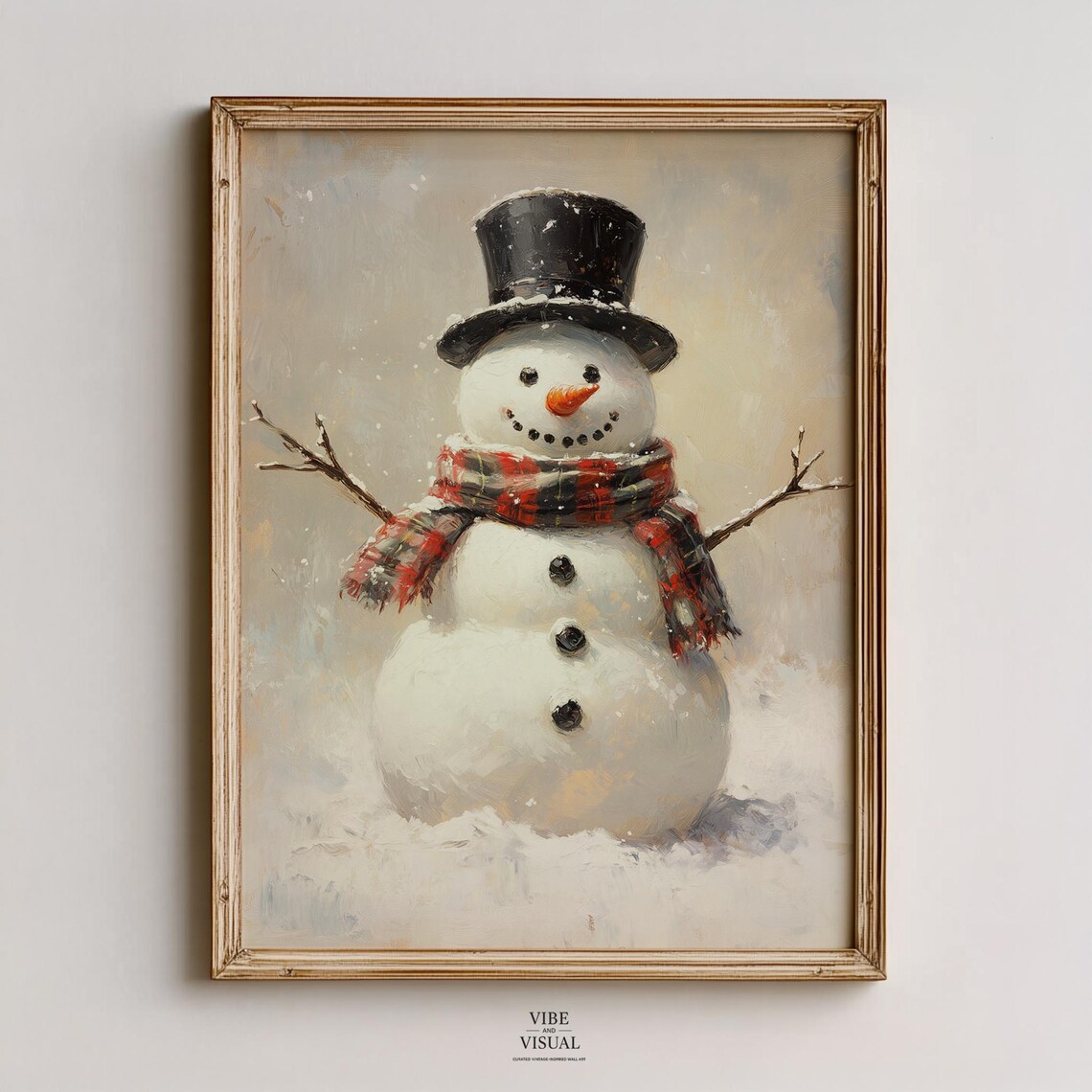 Cute Snowman in Top Hat and Plaid Scarf Vintage Winter Painting Poster