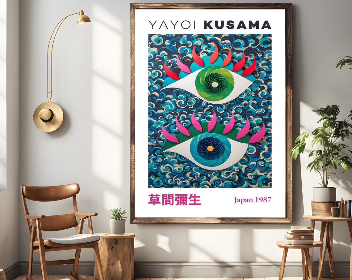 Yayoi Kusama Vibrant Eyes Swirling Blue Waves Japan 1987 Poster - Image 5