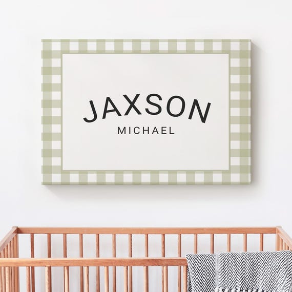 Gingham Personalized Baby Name Canvas Print Nursery Sign Custom Decoration Wall Decor Or Unframed