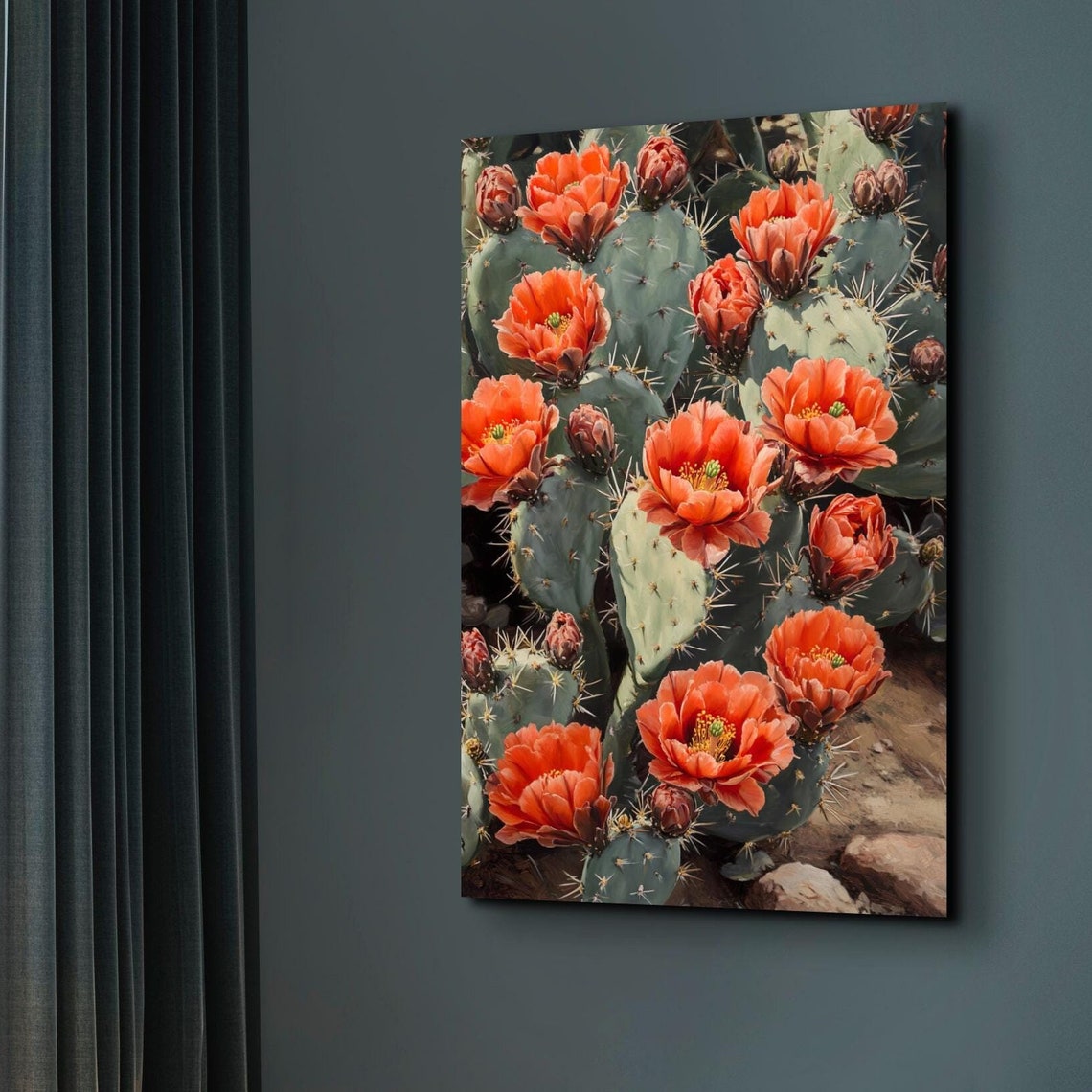Blooming Prickly Pear Cactus Coral Flowers Desert Botanical Art Poster
