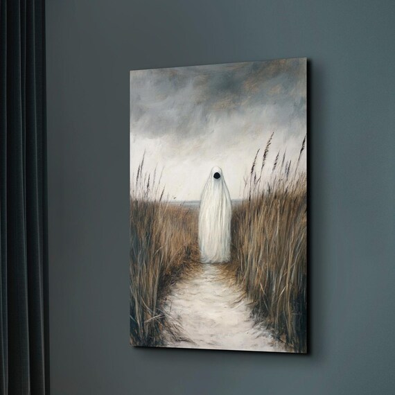 Sheet Ghost on a Sandy Path Through Tall Beach Grass at Dusk Poster