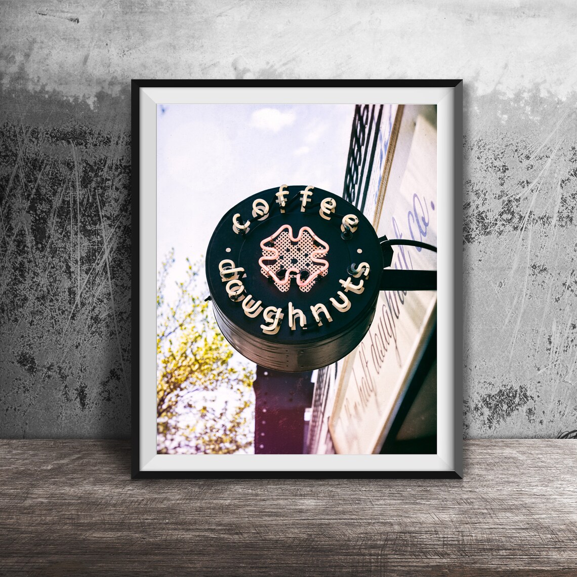 Coffee Doughnuts Round Black Vintage Shop Neon Sign Photography Poster