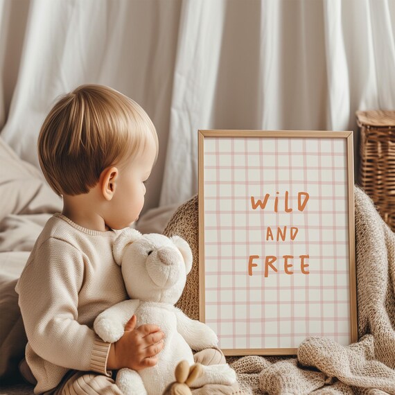 Wild and Free on a Pink Grid Playful Nursery Quote Wall Poster