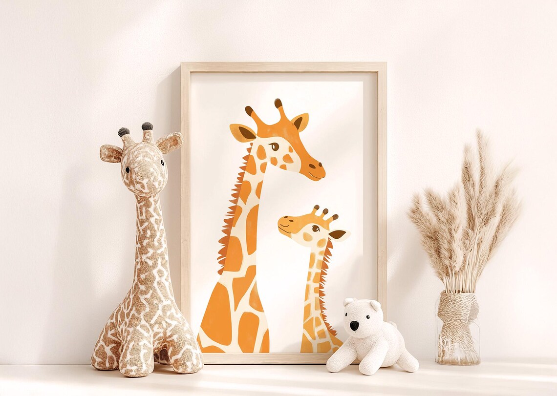 Sweet Mama And Baby Giraffe Tender Kids Safari Nursery Art Poster