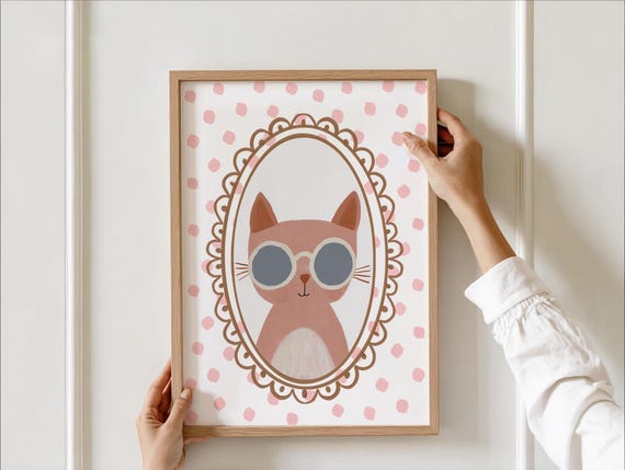 Cool Cat With Sunglasses Print Whimsical Animal Illustration Kids Bedroom Art Vintage Pet Portrait Funny Wall