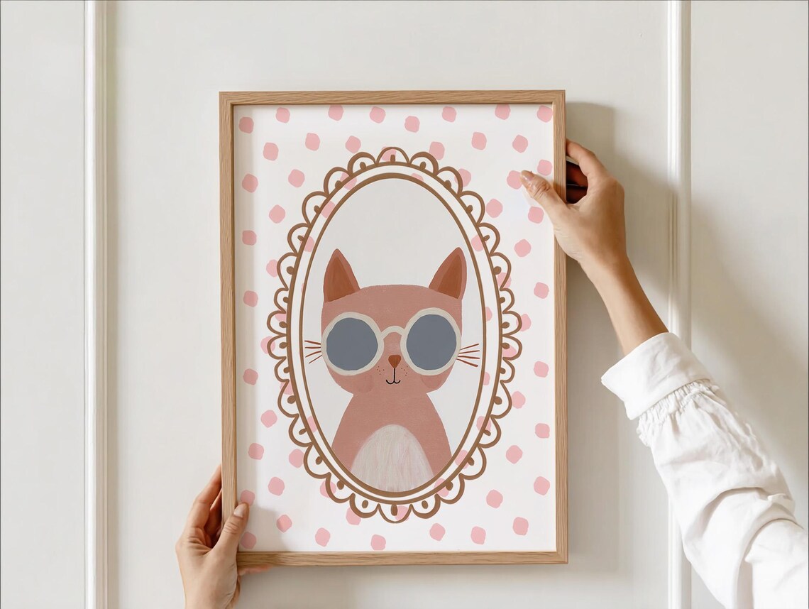 Cool Pink Cat Wearing Sunglasses Whimsical Nursery Animal Poster