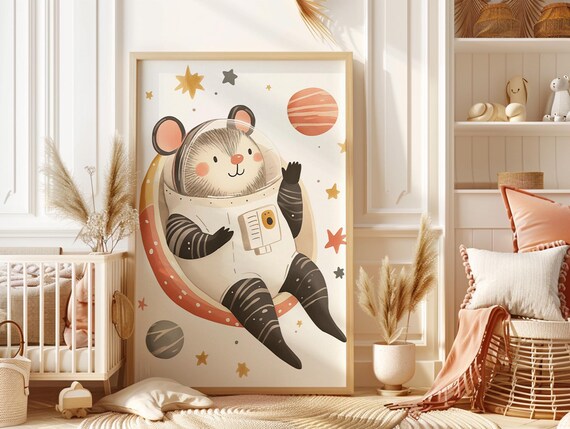 Astronaut Mouse on a Crescent Moon Starry Kids Nursery Poster