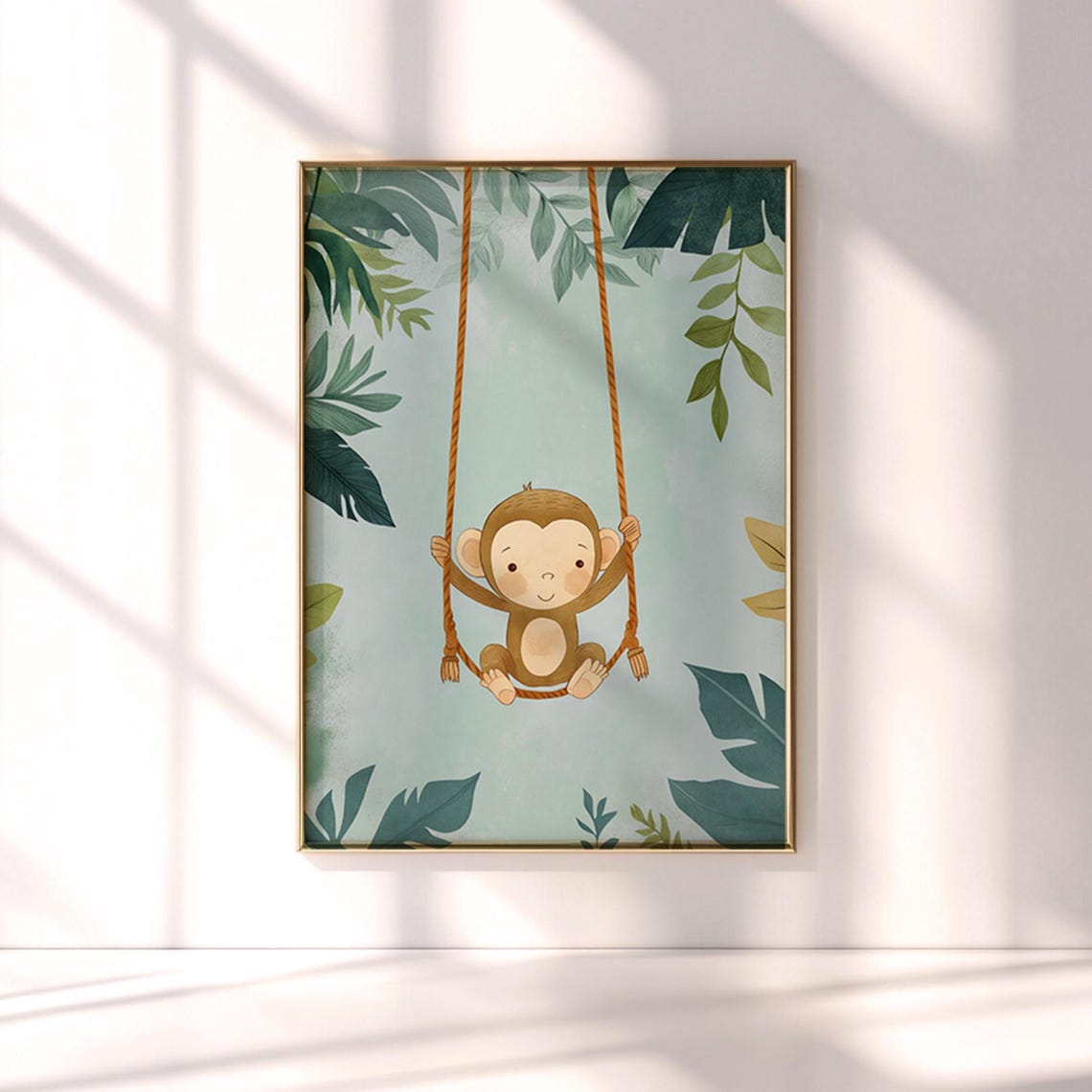 Baby Monkey On Swing Nursery Print With Jungle Leaves Artwork