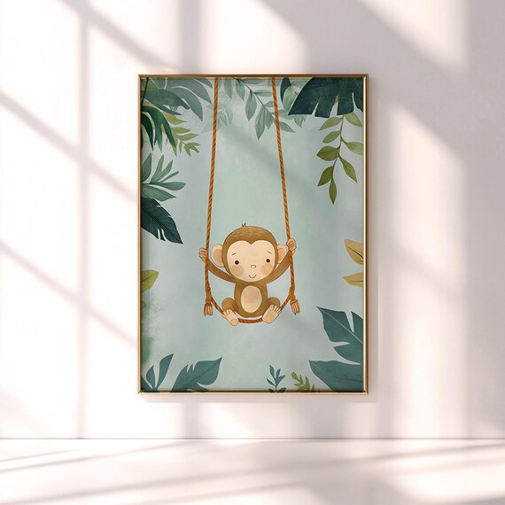 Baby Monkey Print For Kids Room Nursery Wall Art Playful Animal Boys Decor Playroom Jungle Theme