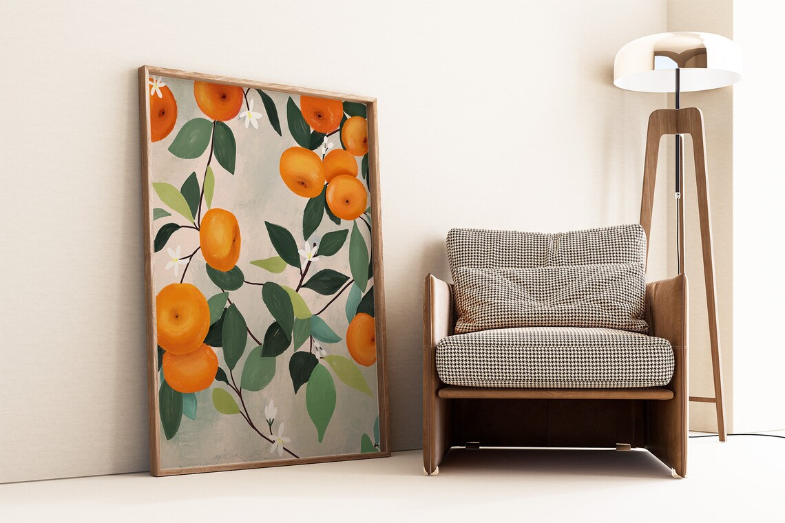 Ripe Oranges with Blossoms on Branches Soft Watercolor Botanical Fruit Poster for Kitchens