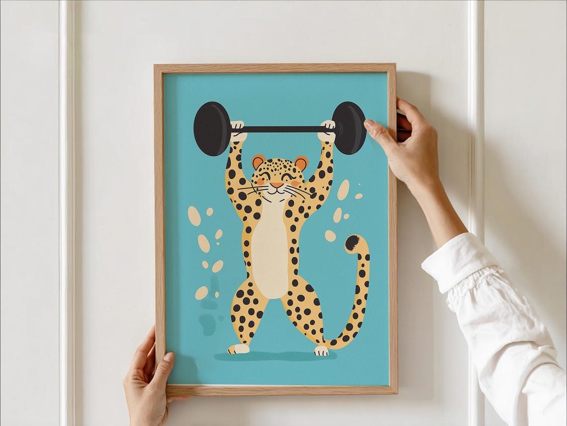 Strong Cheetah Lifting Barbell Teal Funny Kids Animal Poster