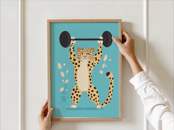 Strong Cheetah Lifting Barbell Teal Funny Kids Animal Poster