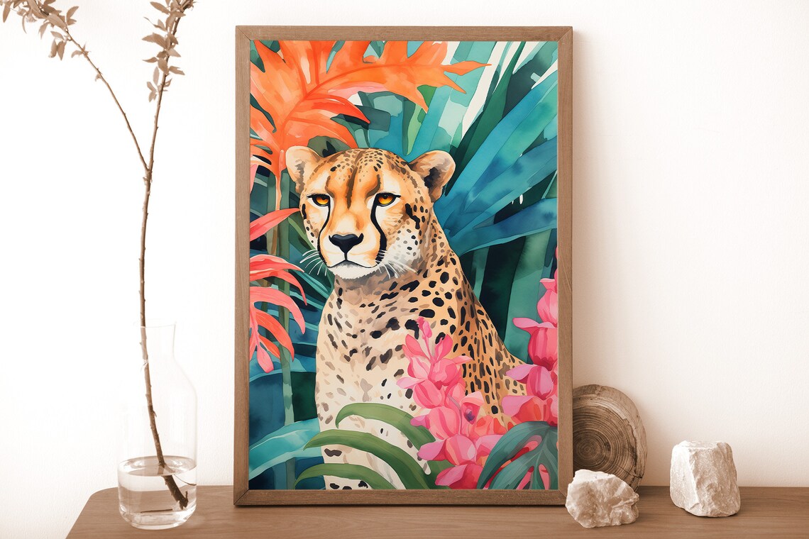 Cheetah Among Tropical Leaves Watercolor Jungle Wildlife Art Poster for Nature Lovers