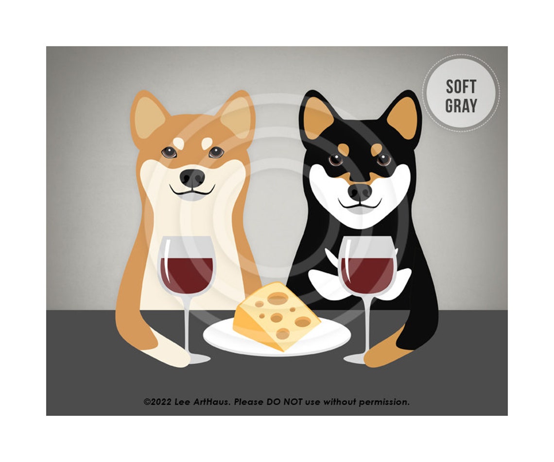 Two Shiba Inu Dogs Drinking Wine and Cheese Funny Dog Art Poster - Image 3