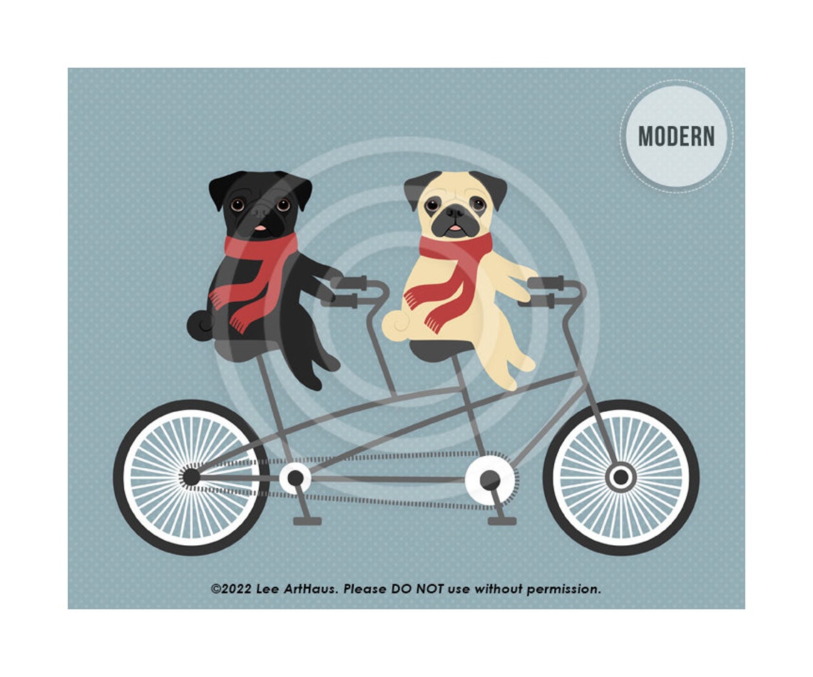 Two Pugs Riding Red Tandem Bicycle Red Scarves Vintage Dog Poster