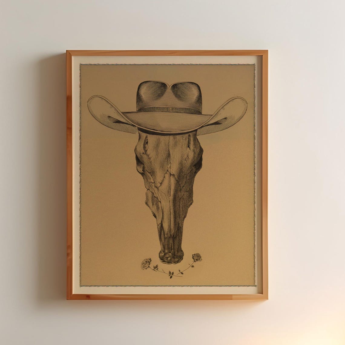 Vintage Cow Skull Wearing A Cowboy Hat Pencil Drawing Poster Western Floral Rose Art Print Retro Cowgirl Art Farmhouse Wall Decor Boho Print
