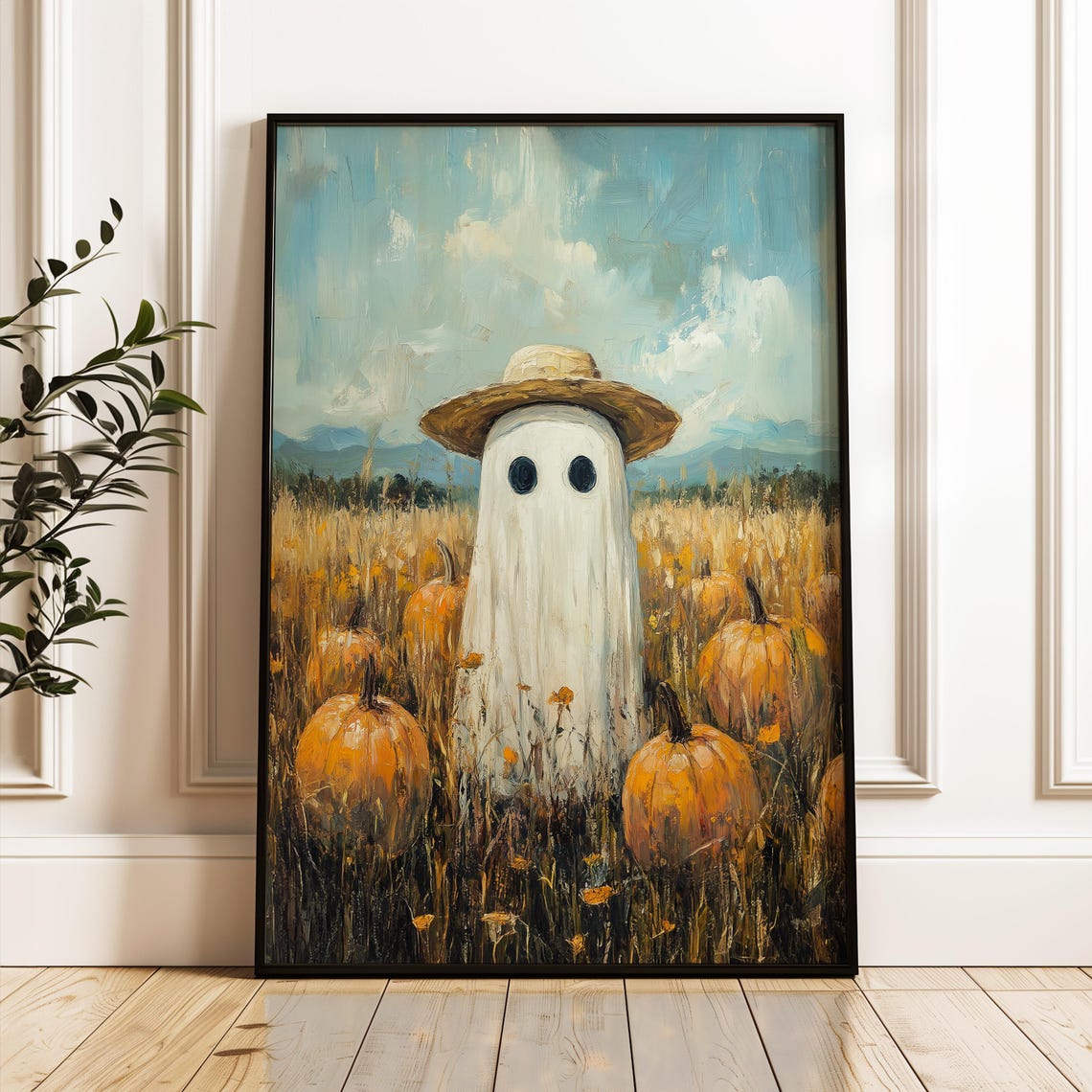Ghost In Straw Farmer Hat Pumpkin Patch Fall Vintage Painting Poster