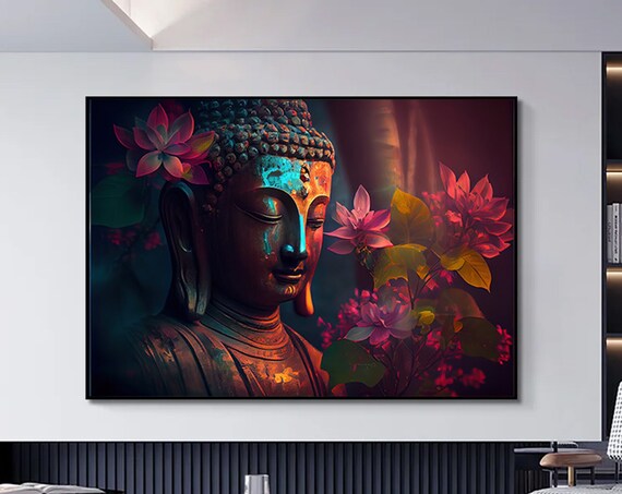 Bronze Buddha Head Red Lotus Dark Moody Floral Meditation Poster