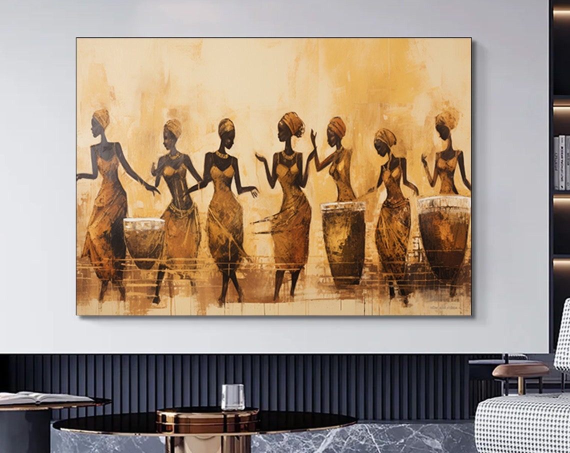 African Women Dancing with Drums Gold Tribal Celebration Poster