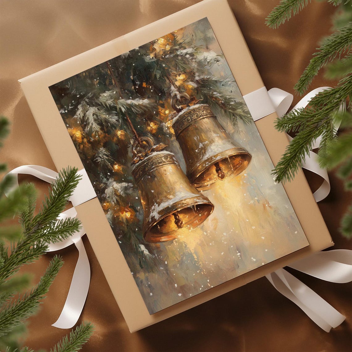 Bronze Christmas Bells on Snowy Pine Branches Moody Winter Poster - Image 4