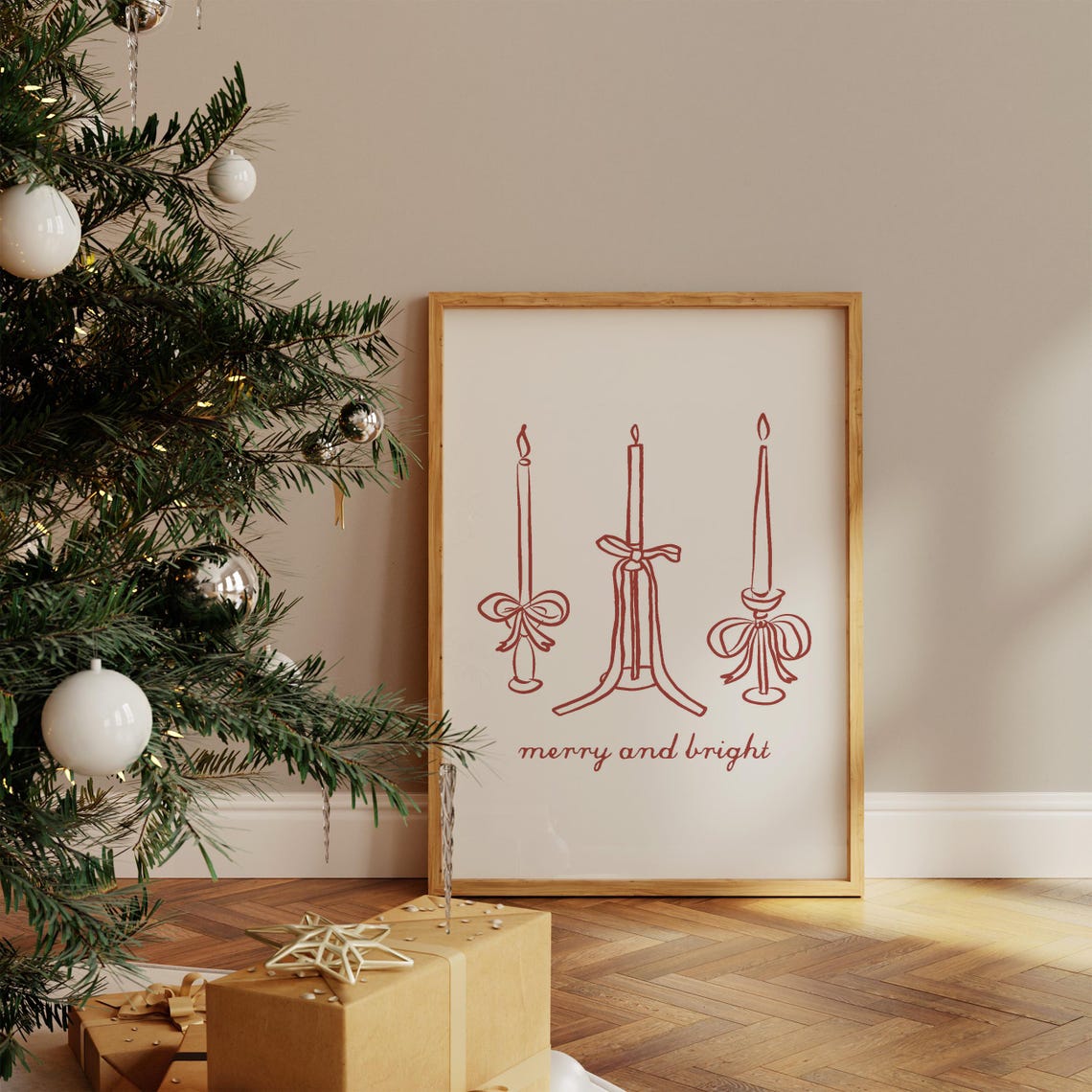 Merry and Bright Candles Line Art Coquette Christmas Wall Art - Image 3