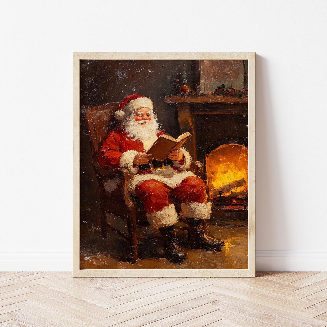 Santa Claus Reading by Fireplace Vintage Oil Painting Style Poster - Image 3