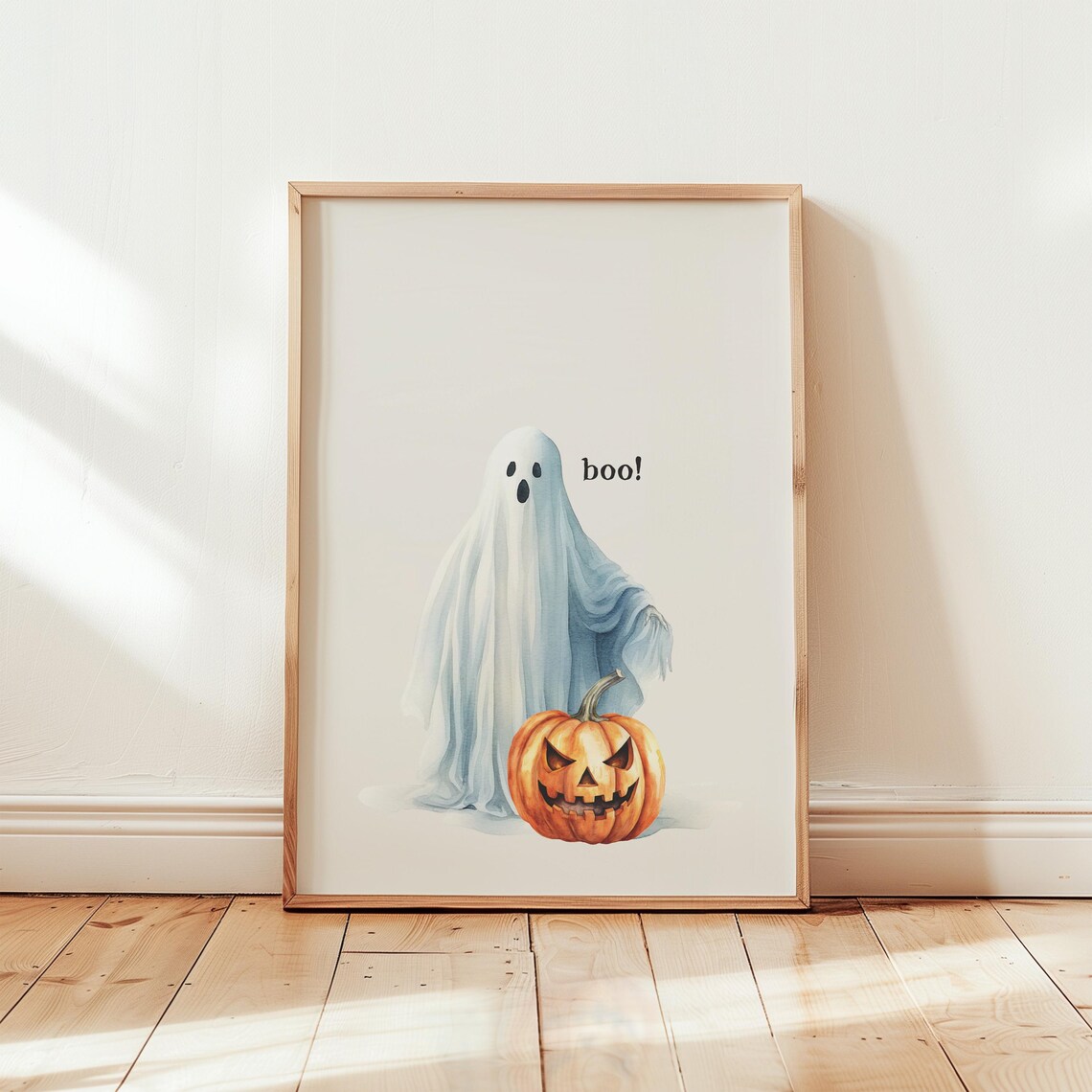Boo Ghost Pumpkin Cute Watercolor Halloween Nursery Art Poster