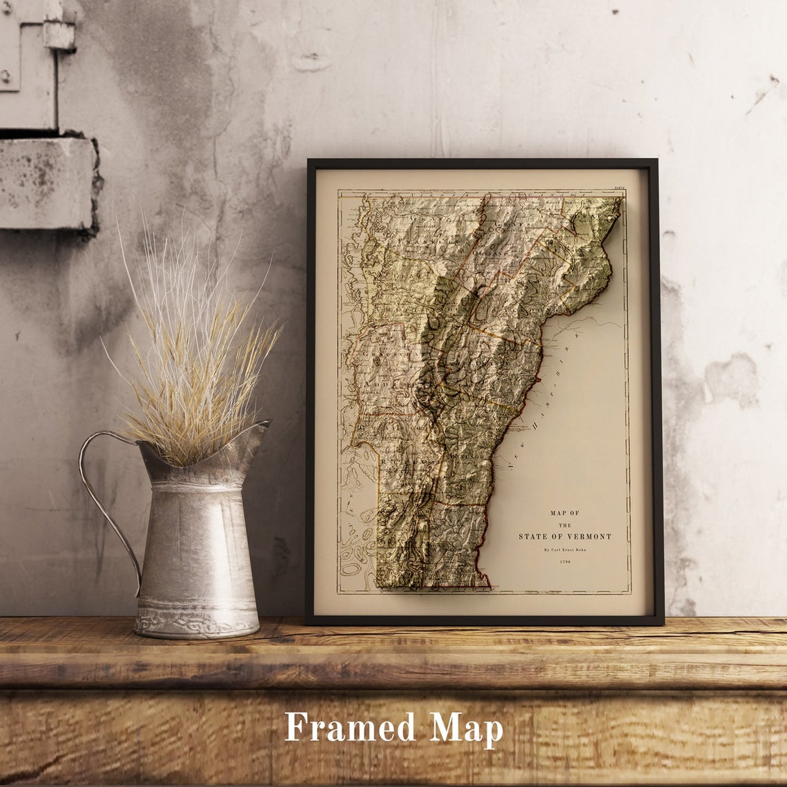 Old Vermont 1796 Antique Relief Map By Carl Ernst Bohn Wall Art - Image 2