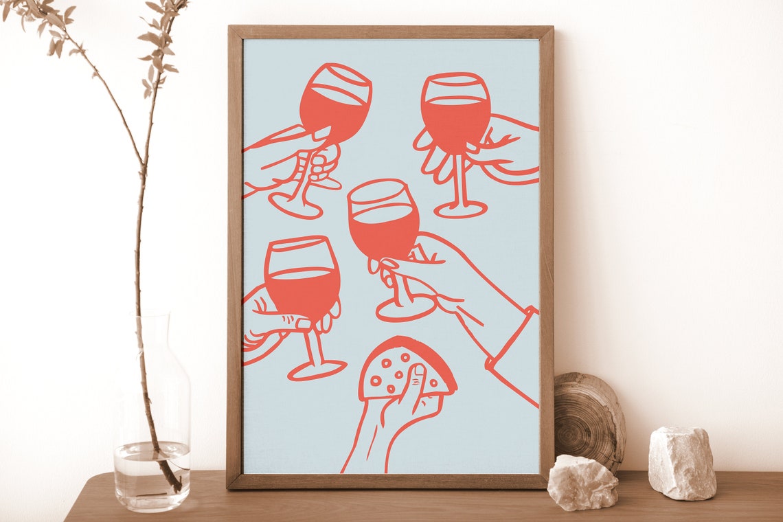 Cheers Red Toasting Hands Wine Glasses Cheese Wedge Pale Blue Poster - Image 2