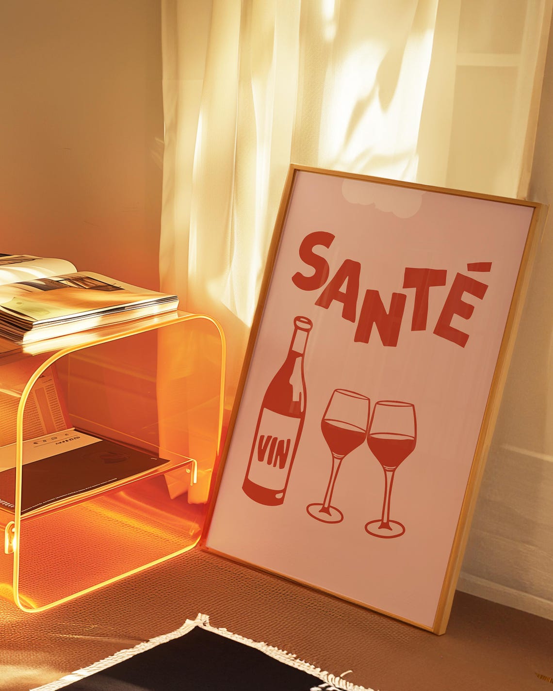 Sante Red Wine Bottle Glasses Blush Pink French Kitchen Bar Poster - Image 3