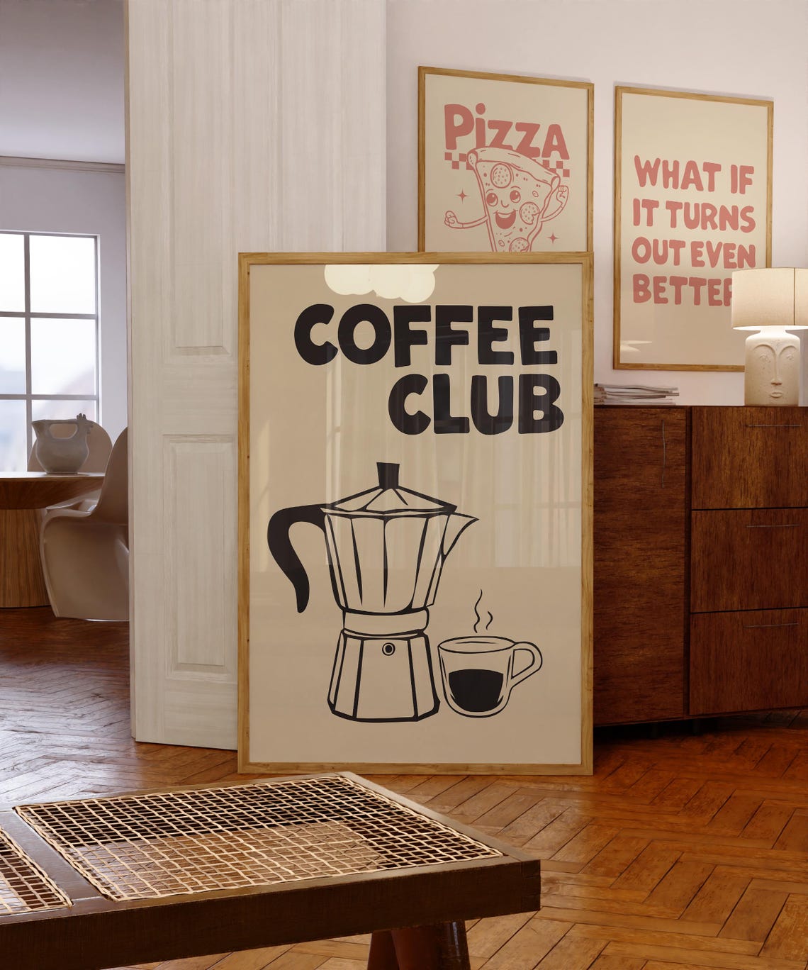 Cream Coffee Club Retro Moka Pot Espresso Bar Cart Kitchen Poster - Image 3