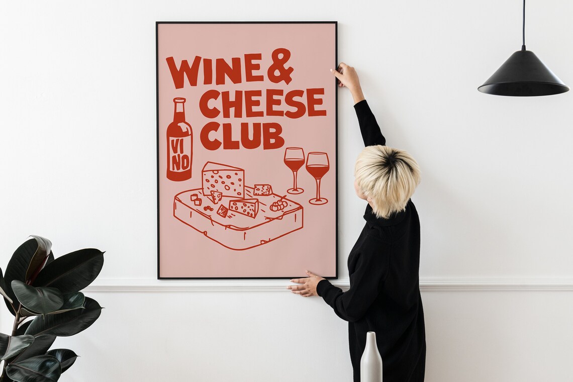 Wine Cheese Club Red On Pink Retro Kitchen Illustration Bar Decor Poster - Image 3