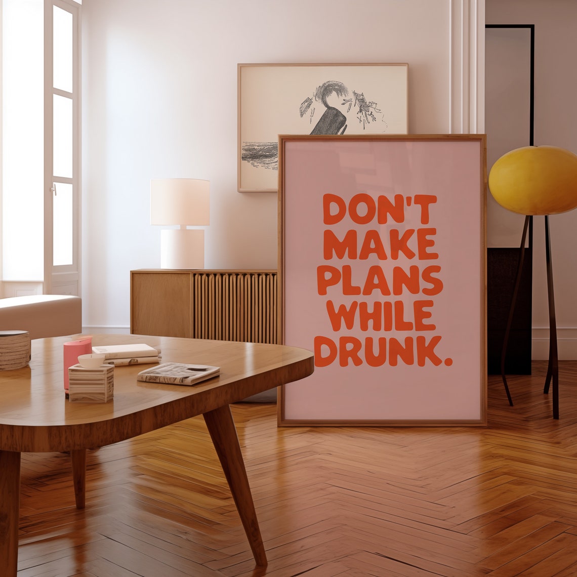 Trendy Pink And Orange Dont Make Plans While Drunk Print Funny Bathroom Wall Art Minimalist Home Decor Bar Cart Art - Image 3