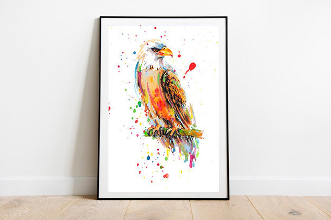 Eagle On Branch Colorful Watercolor Splatter Majestic Bird Wall Art