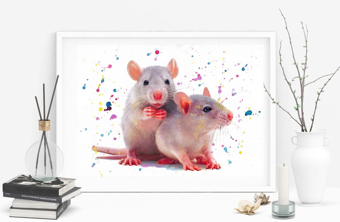 Two Cute Pet Rats Nursery Colorful Watercolor Splash Art Poster