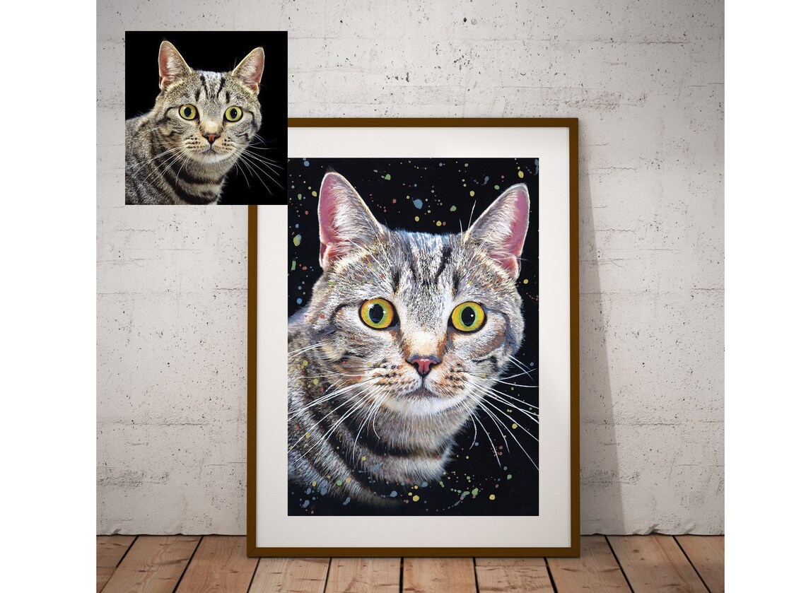 Tabby Cat Custom Pet Portrait Colorful Splash Watercolor Painting Poster