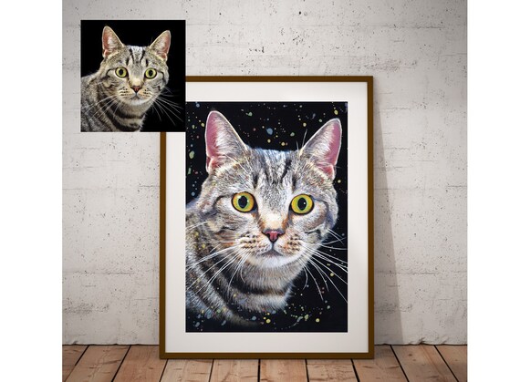 Tabby Cat Custom Pet Portrait Colorful Splash Watercolor Painting Poster