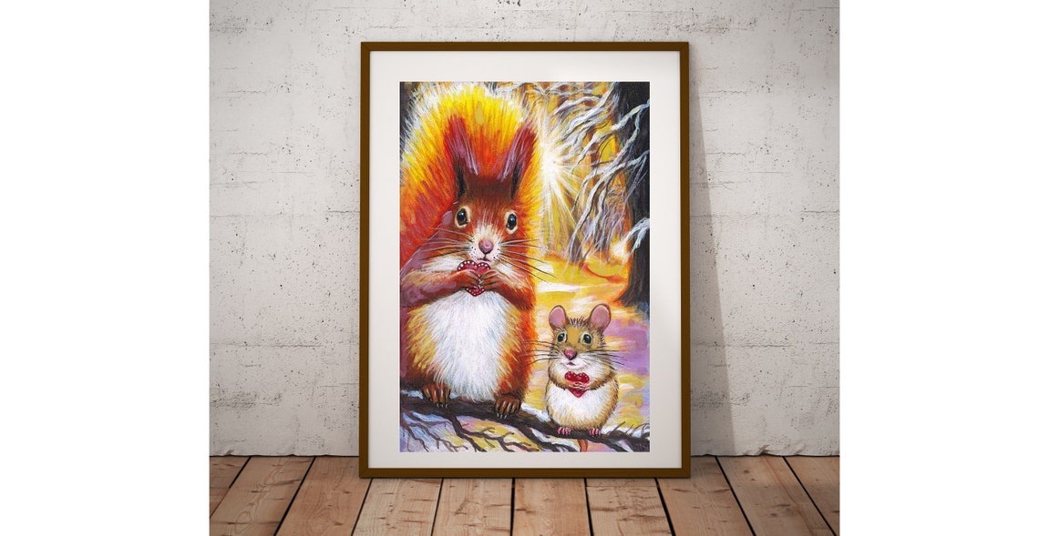 Cute Squirrel and Mouse With Heart Watercolor Nursery Art Poster