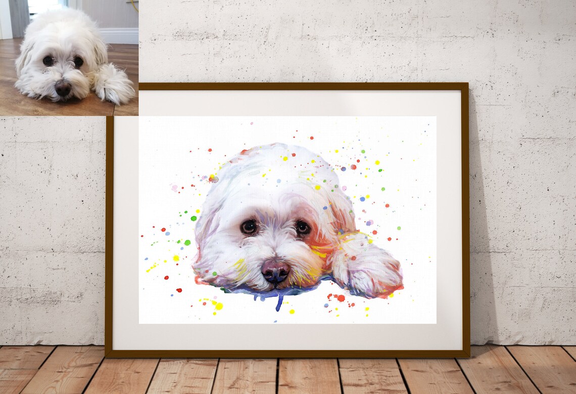 Custom Cute White Lap Dog Portrait Watercolor Splash Art Poster