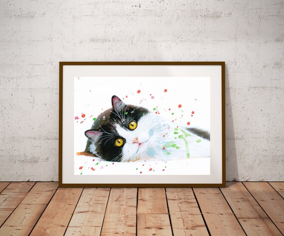 Black And White Cat Yellow Eyes Watercolor Splatter Pet Wall Art