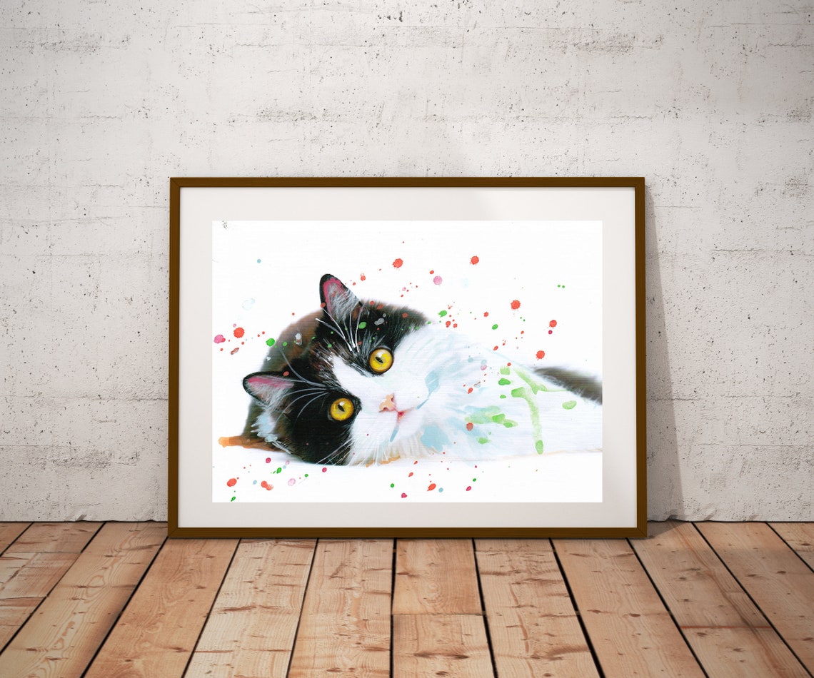Black And White Cat Yellow Eyes Watercolor Splatter Pet Wall Art