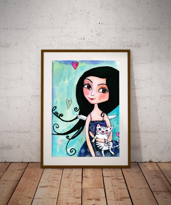 Whimsical Girl Holding Cat Hearts Angels Wings Fantasy Art Poster
