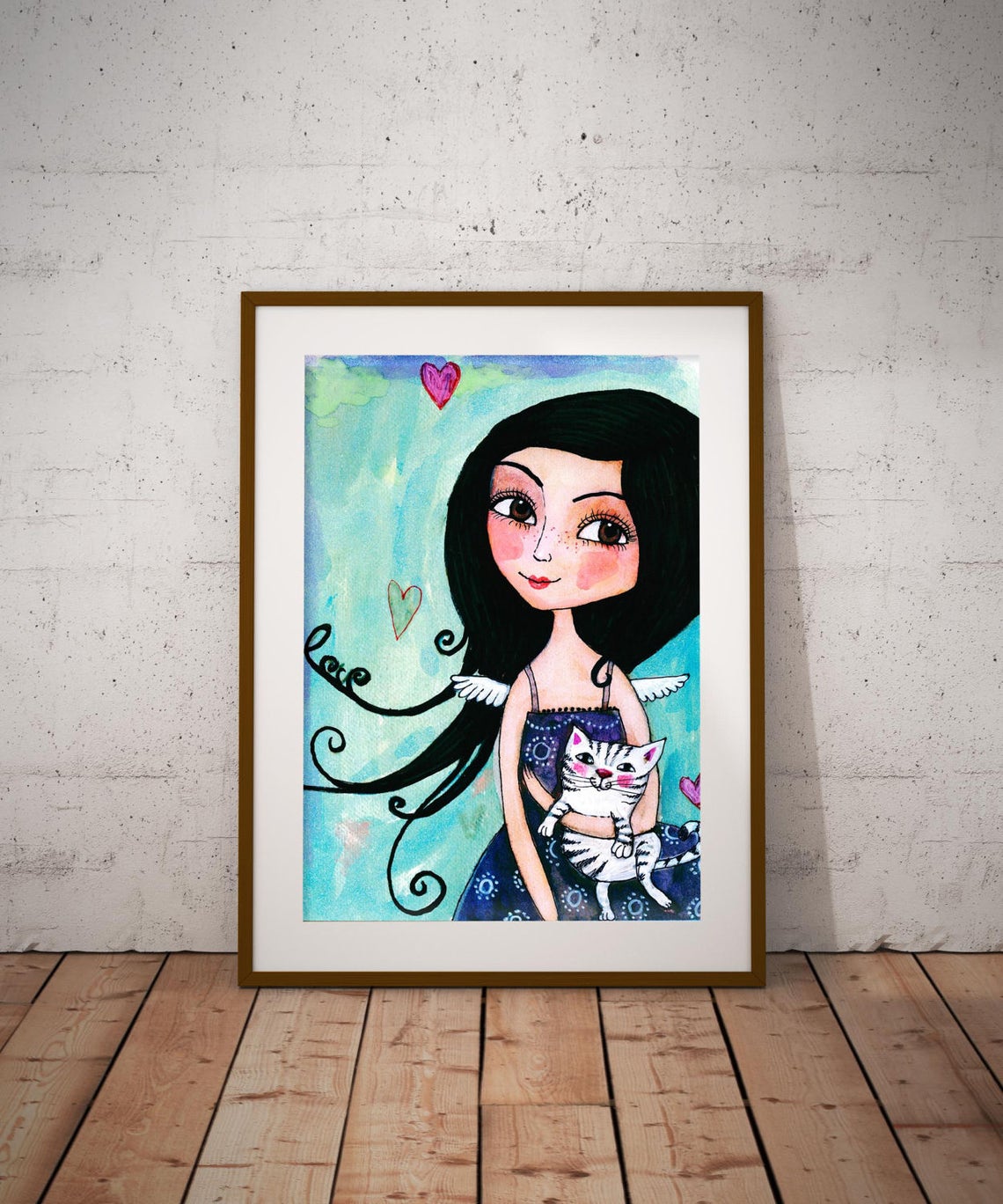 Cat Print Girl Poster Nursery Print Girl And Cat Drawing Watercolor Poster Kids Room Girl Print Playroom Decor Baby Room Animal Print