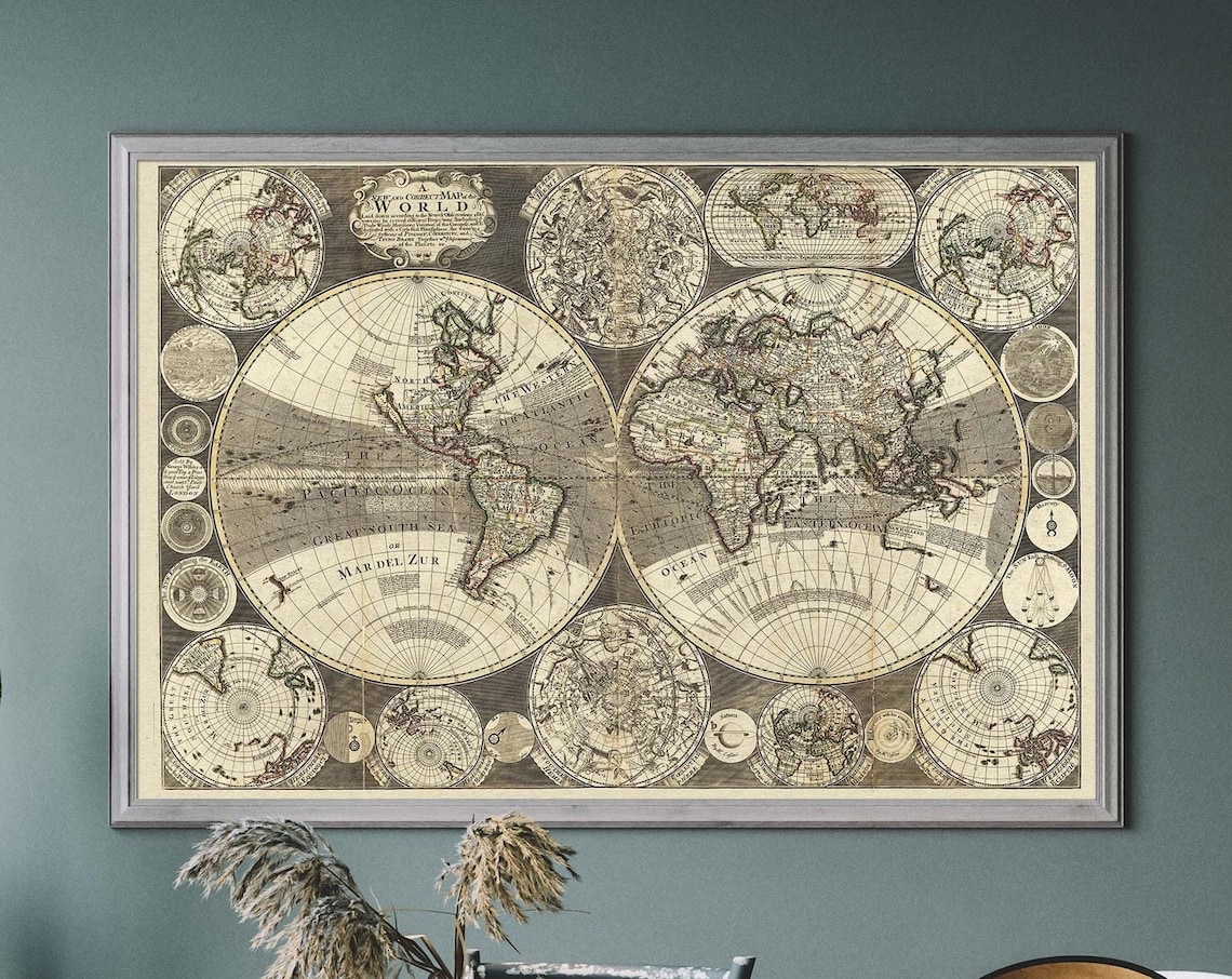 Antique World Map Vintage Travel Poster, Monochrome