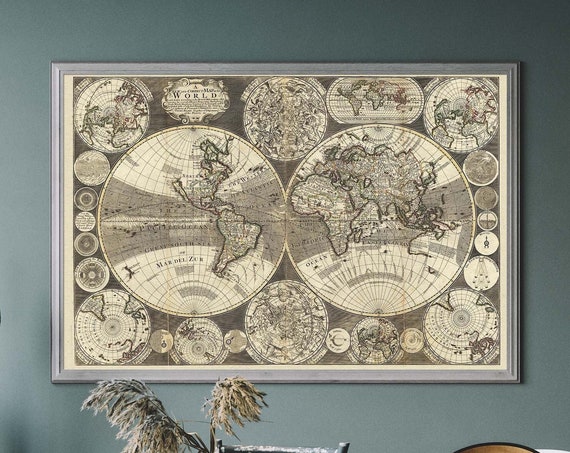 Antique World Map Vintage Travel Poster, Monochrome