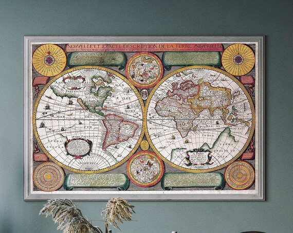 Vintage Latin World Map Print Nautical Exploration Poster Colourful Antique Travel Art Historical Wall Decor