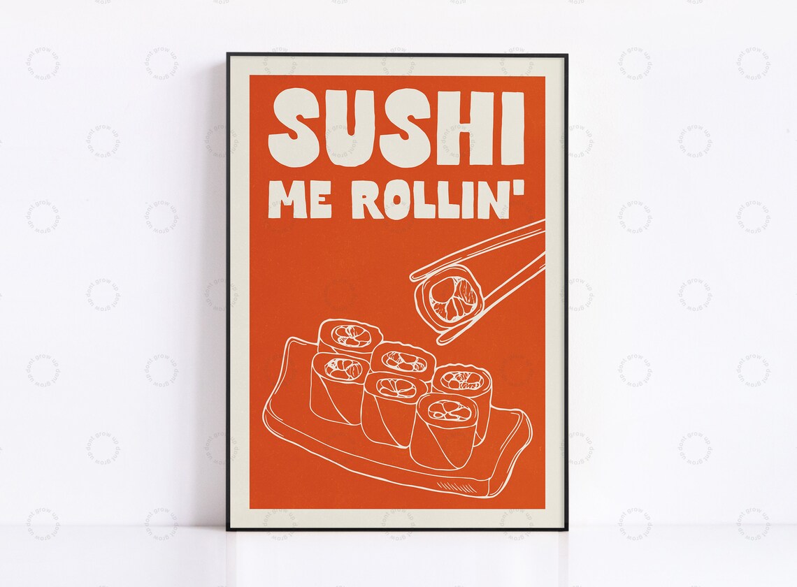 Sushi Vintage Food Poster, Retro Japanese Kitchen Art