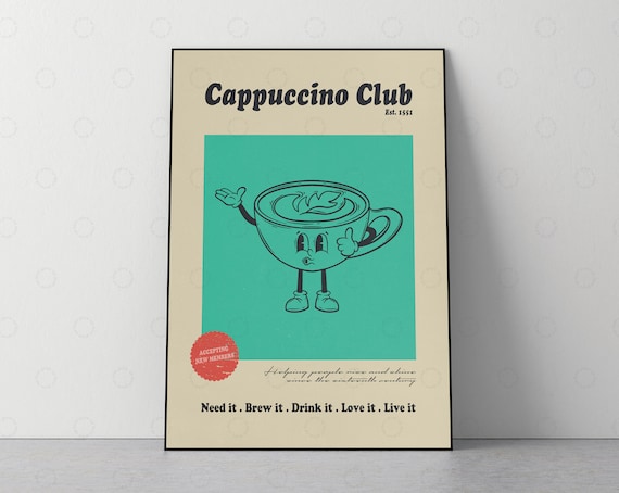 Cappuccino Club Retro Cartoon Coffee Cup Lover Kitchen Poster